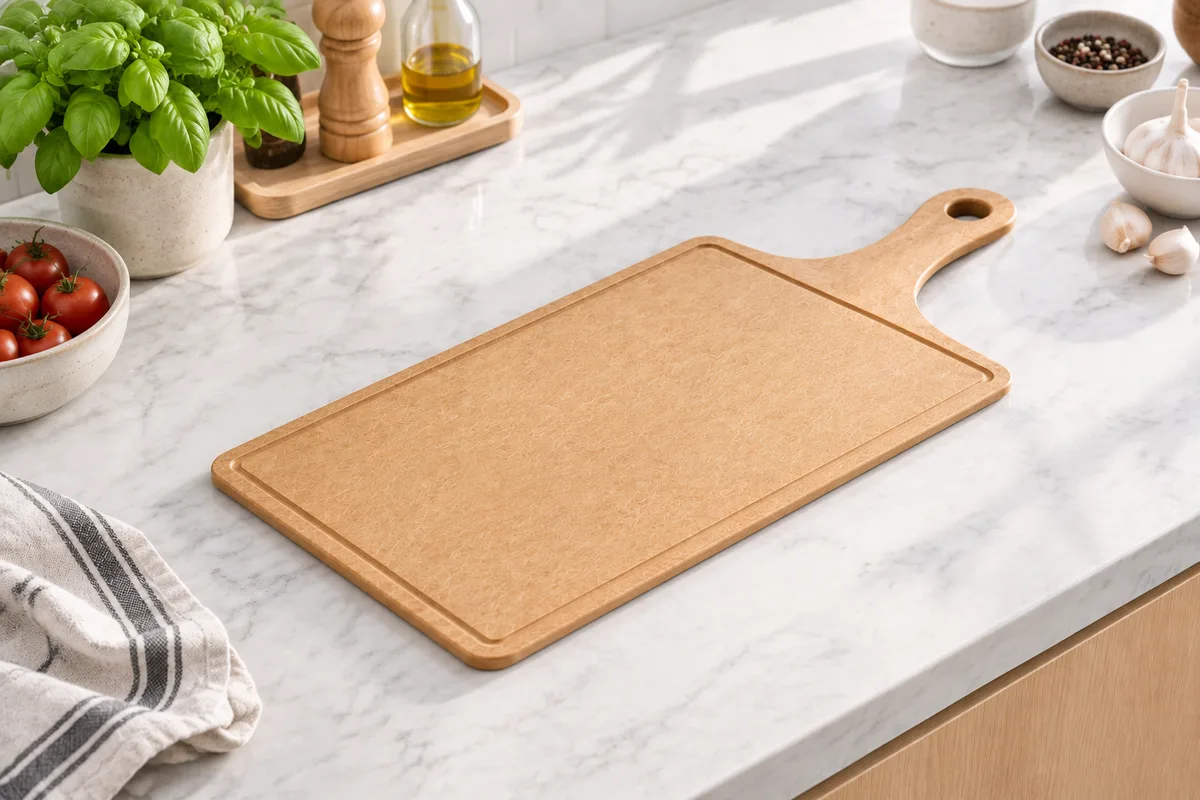 Pine fiber paddle cutting board styled with basil and tomatoes on a kitchen island